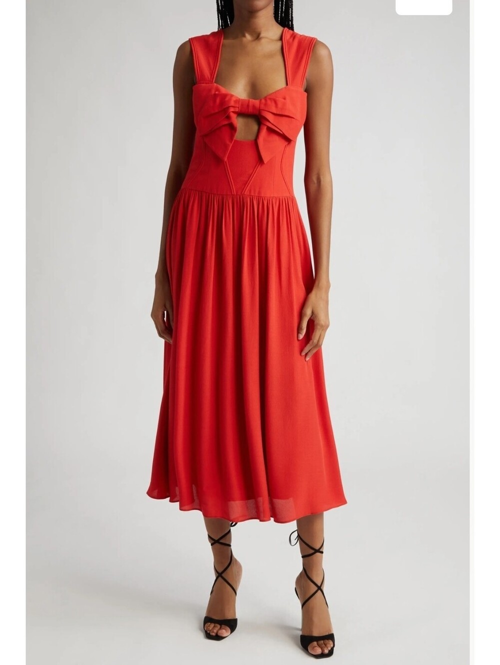 Nordstrom Farm Rio Red Sweetheart neckline with bow Midi Dress Bow Cutout SZ XS
